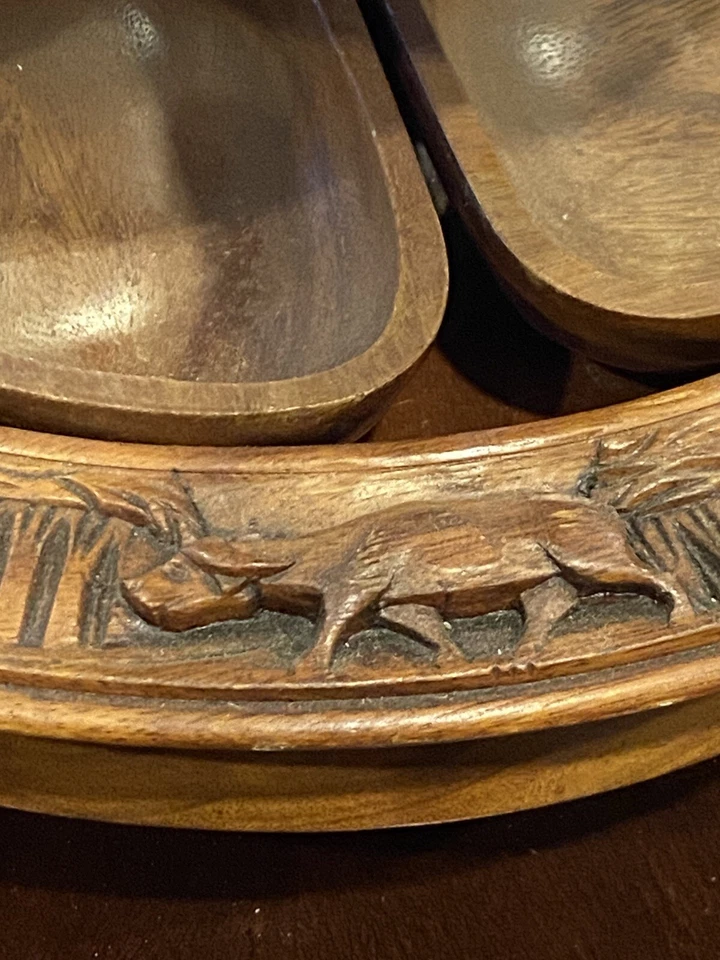 MCM Hand CARVED WOOD LAZY SUSAN MAN & OX Oriental Fruit Candy Snacks Chips Dip - Image 4 of 4