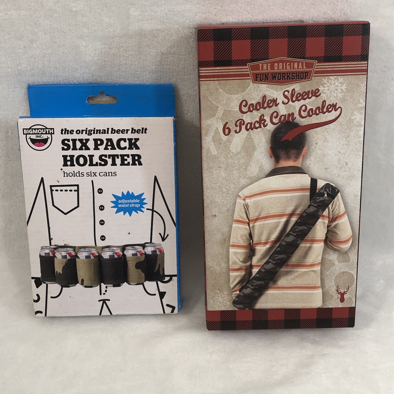 (LOT OF 2) 6 pack Beer Soda Drink Can Cooler Sleeve and Holster Camo Belt Strap