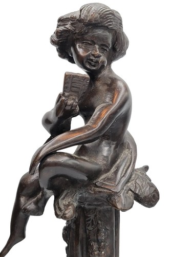 Statue Young Child Sitting On A Pillar With A Book Green Marble Base 11" - Picture 3 of 11