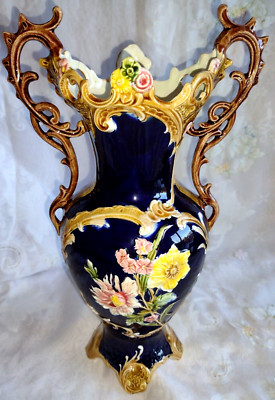 Vintage Art Nouveau Majolica Amphora Vase Urn Cobalt Blue Flowers E.Wenzel 1900s