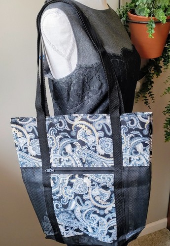 Black And Gold Paisley Mesh Tote Bag Set & Matching Cosmetic Bag Shopping Beach - Imagen 2 de 7