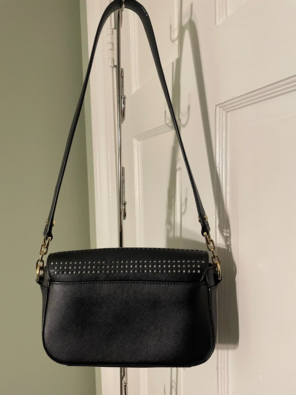 Tory Burch Black Saffiano Leather Perforated Front Flap Shoulder Bag Purse