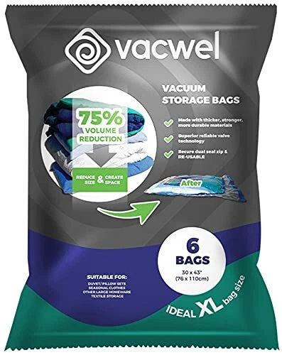 Vacwel Jumbo Vacuum Storage Bags for Clothes, Quilts, Pillows, Space Saver