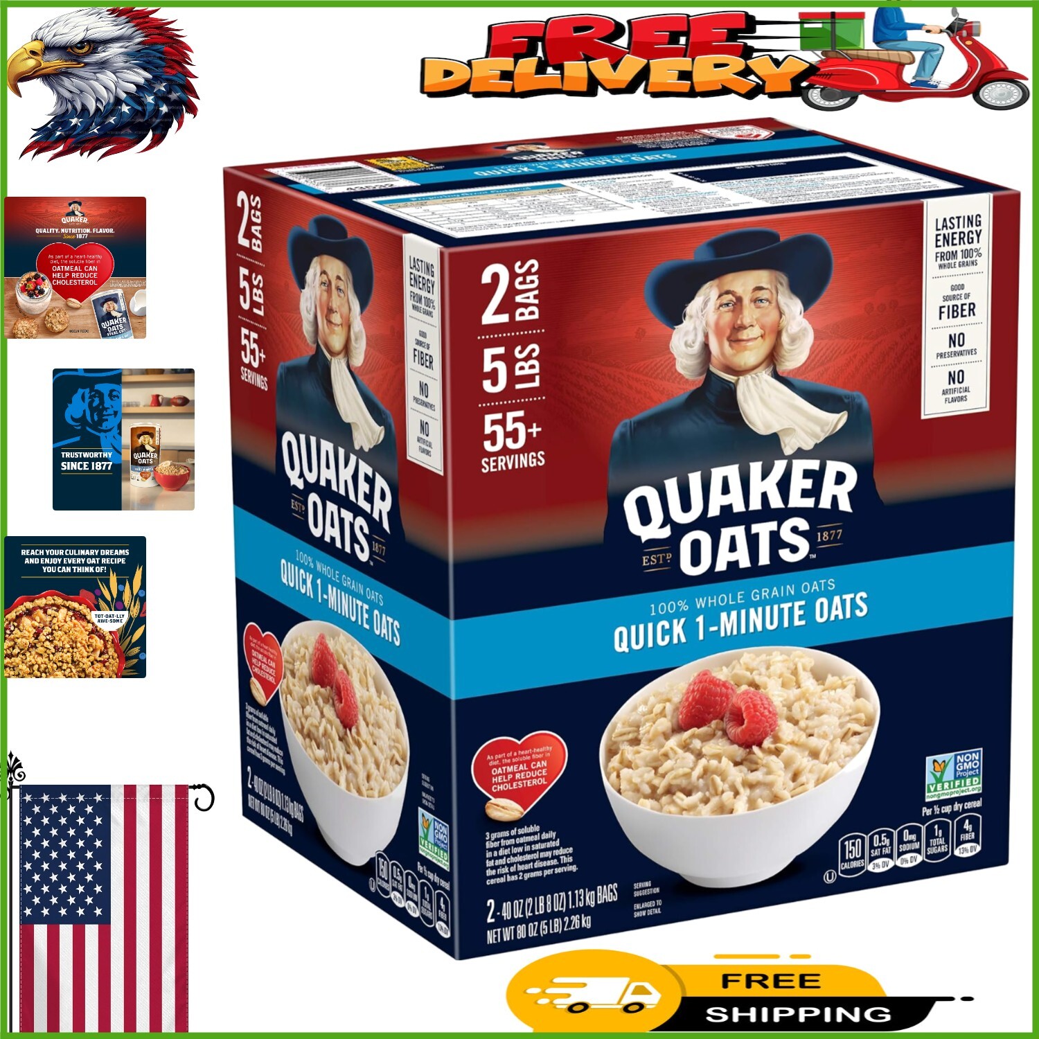 Nutritious Quick Cooking Oatmeal - 100% Whole Grain, 5lbs To