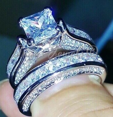 4.88CT D/VVS1 Princess Moissanite Channel Set Ring+Wedding Band 14K White Gold