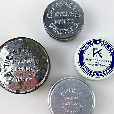 LOT 4 JEWELERS WATCH TINS Gruen Casker Katz Parts Texas Switzerland Ohio Vtg