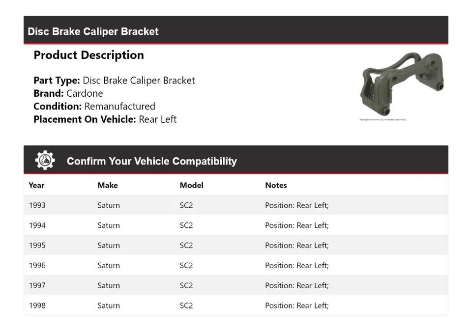 Soporte pinza freno disco trasero izquierdo cardone 1994 1995 Saturn SC2 1993-1998 Foto 2 de 4