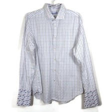 Robert Graham Men's Button Up French Cuff Shirt White Plaid Cotton Size L