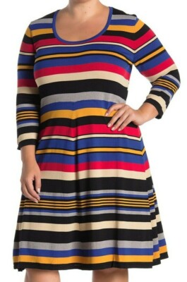 Maree Pour Toi Fit & Flare Sweater Day Dress Size 12-14 Multi Stripe NWT $128