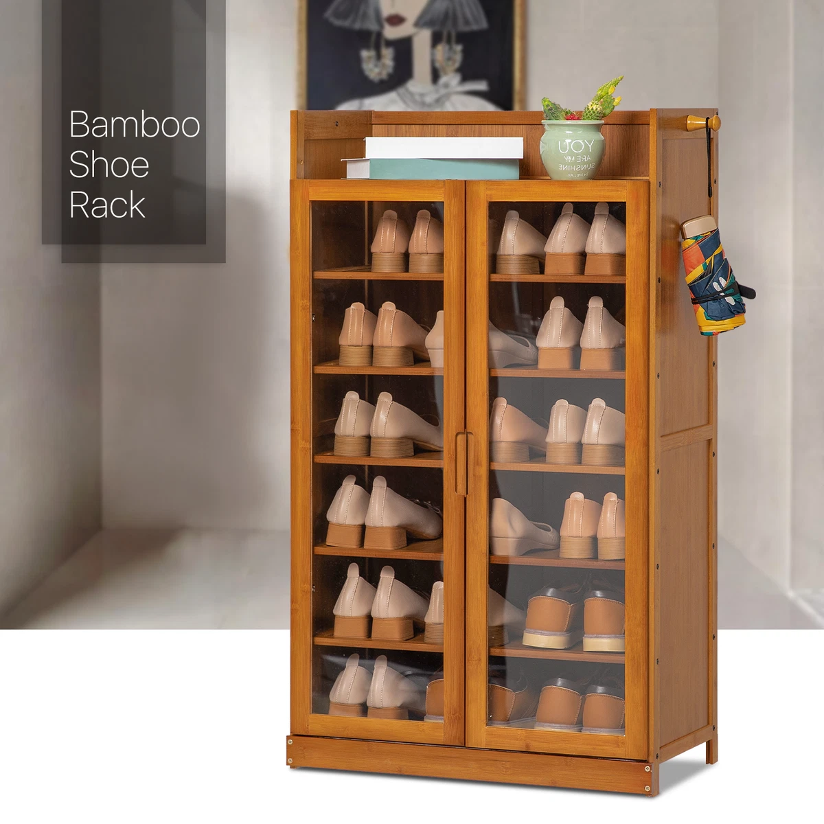 MoNiBloom 9 Tier Shoe Rack Organizer Modern Bamboo Cabinet