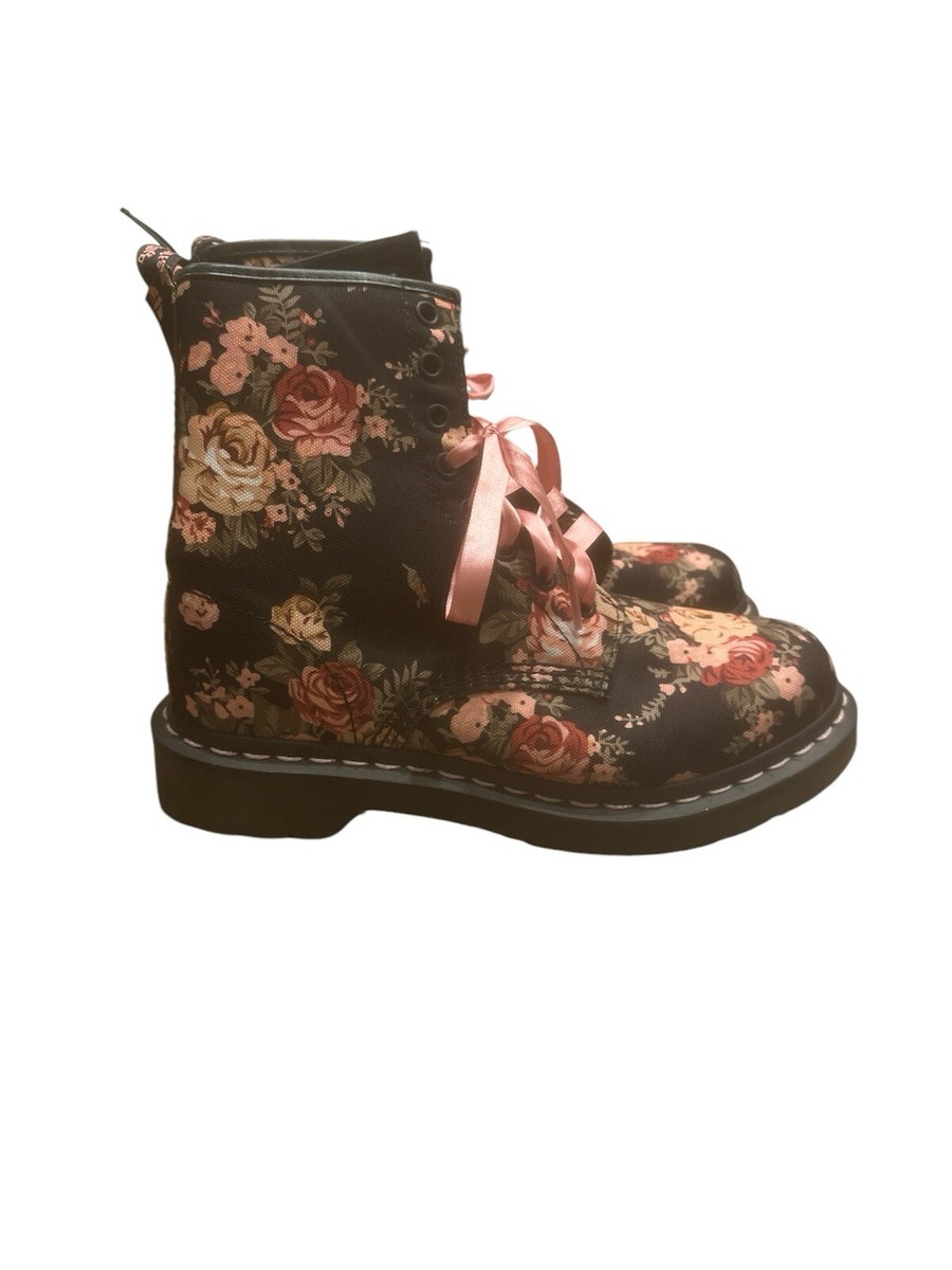New Dr Doc Martens 1460 Black Pink Rose Floral Canvas Combat Boots