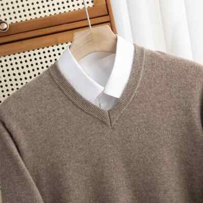 Men  Wool Sweater V-Neck Pullover Autumn Winter Cashmere Warm Solid