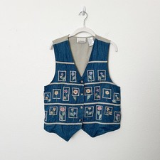 Vintage Size Large L 90s Y2K Embroidered Floral V-Neck Denim Cottagecore Vest