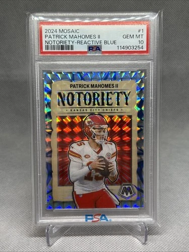 2024 Panini Mosaic Patrick Mahomes II Notoriety Reactive Blue /99 PSA Chiefs