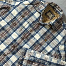 LL Bean Mens M Sherpa Lined Flannel Shacket Plaid Blue Brown Slightly Fitted