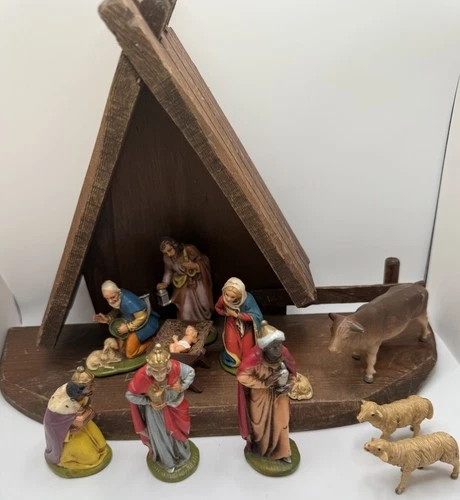 VINTAGE CHRISTMAS Handpainted Friedel German Nativity Manger Set 12 Piece *as is