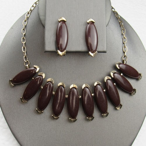 Vintage Modernist Brown Thermoset Necklace Earrings Set Gold Tone Mod Statement