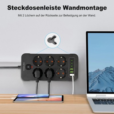 DE Steckdosenleiste 6 Fach Mehrfachsteckdose Mit 3 Typ-C und 3 USB Steckdosen EU