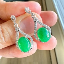 925 Sterling Silver Earrings 9x7mm Natural Emerald Gemstone Zircon Dangle
