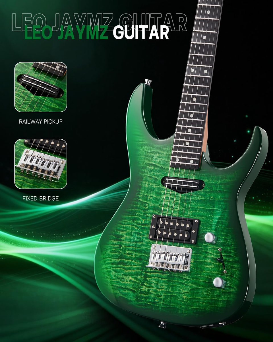 Leo Jaymz Thunderstorm ST Electric Guitar Green Flame 24 Frets