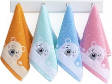 4 Pack Cute Cartoon Bear Pattern Hand Towels, Pure Cotton Children Bathroom
