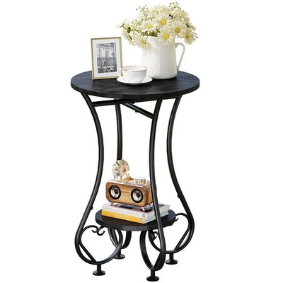 Small Round Side Table End Black Metal Nightstand Adjustable Feet Sofa