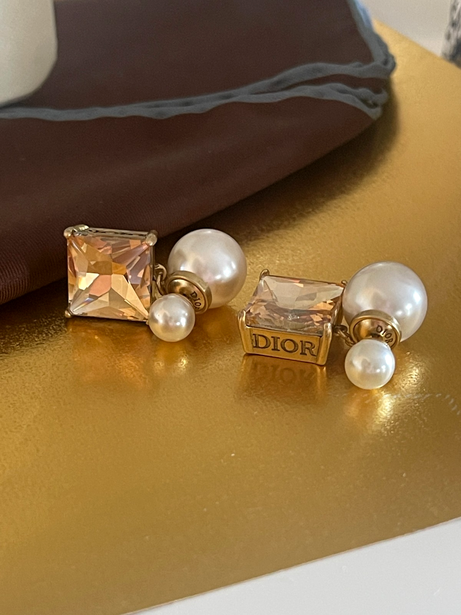 Dior Earrings Drop Dangle With Champagne Crystal Pearl