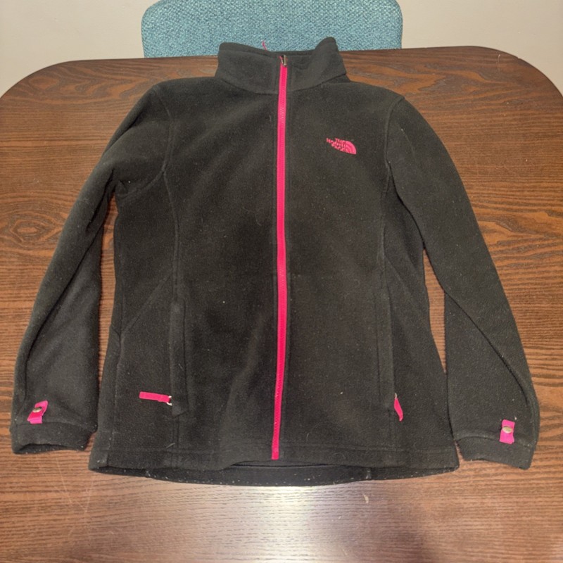 North Face Girls Black Fleece Jacket With Pink Zipper & Logo Size L 14/16 Nice