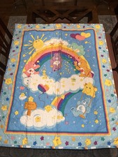 Vintage 1983 Care Bears Quilted Baby Blanket 34x42  Kenner Vibrant Rainbow Blue