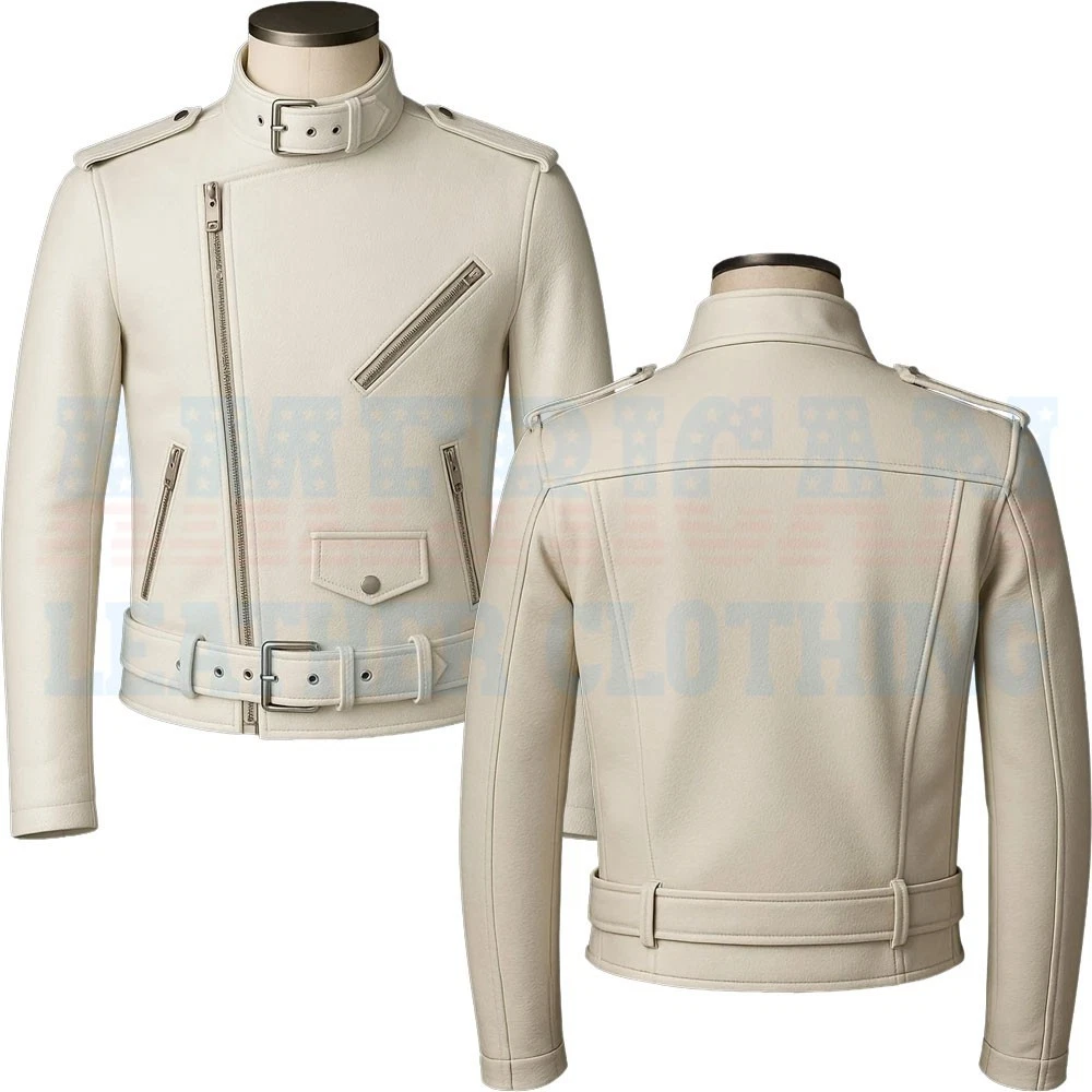 Men’s White Biker Leather Jacket | Handmade Genuine Leather Fitted Motorcycle