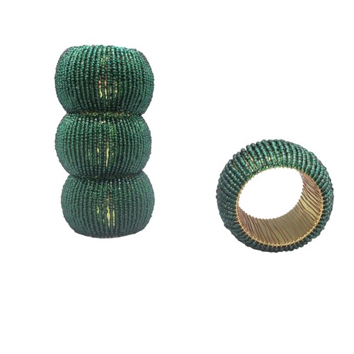 Beaded Green & Gold Napkin Rings Set Of 4 Elegant Table Dining Decor - 第 1/9 張圖片