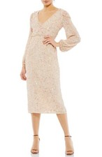 Mac Duggal 10764 Sequin Long Sleeve Cocktail Midi Dress Sz 18 Nude