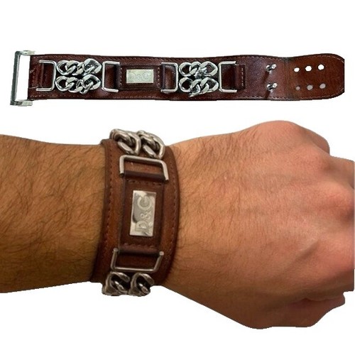 Dolce&Gabbana Men 00S Metal Leather Bangle Logo Plate Vintage 19