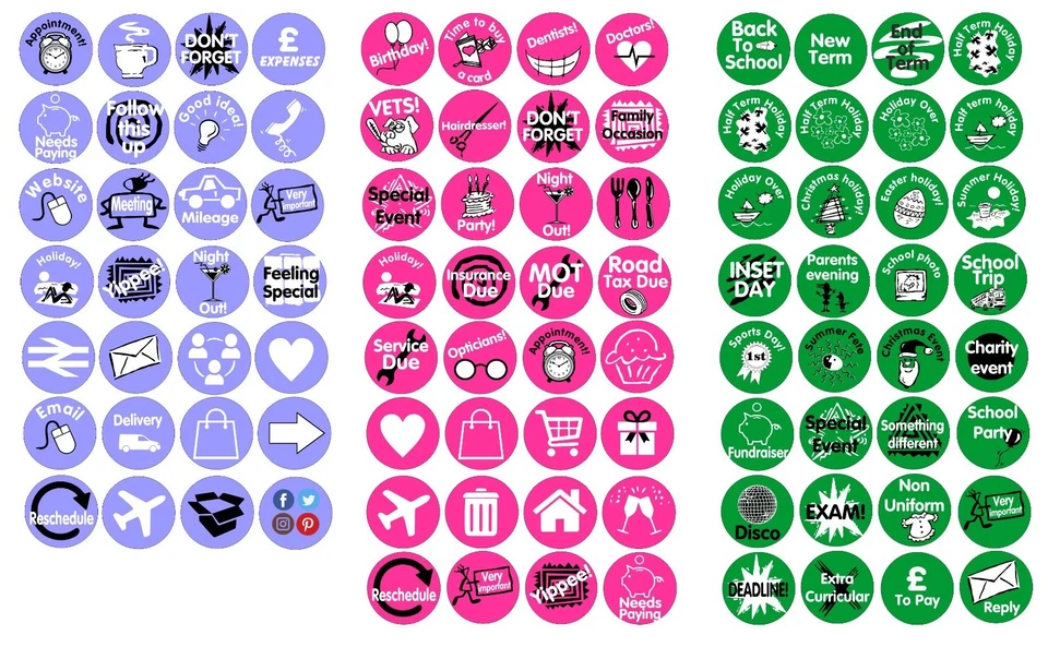 80 circular stickers for your diary, journal, planner or calendar - various