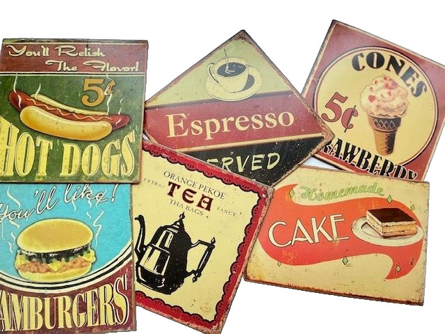 Lot de 6 plaques en métal rétro pour décoration murale de cuisine style bonbonnière