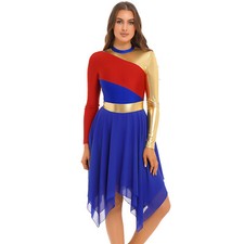 Womens Dance Dress Patchwork Costume Asymmetrical Gown Color Block Dancewear