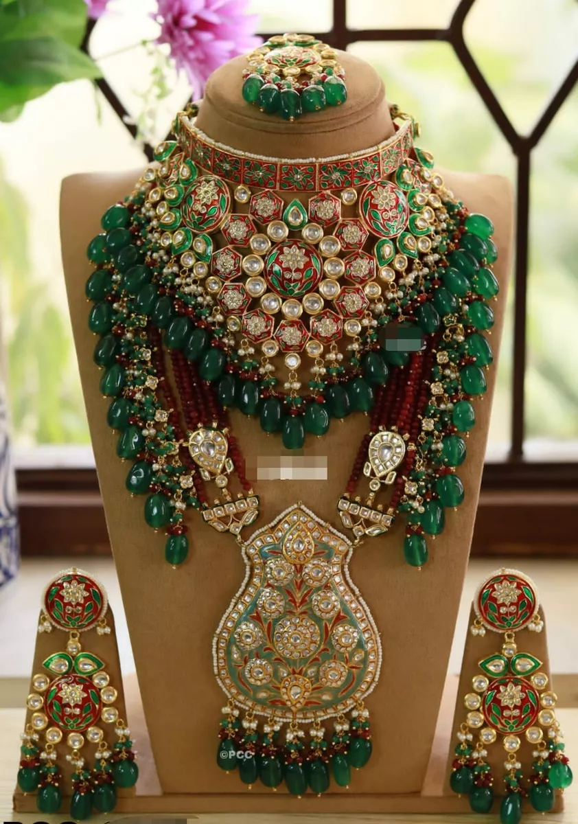 Indian Gold Plated Bollywood Emerald Jewelry Set Enamel Choker