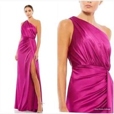 Mac Duggal Gown Dress SZ 2 Pink Gathered One Shoulder Satin Faux Wrap 26654