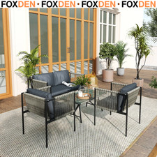 Sofa Set 4-Piece Rattan Rope Powder Coated Loveseat With Glass Tabletop Grey