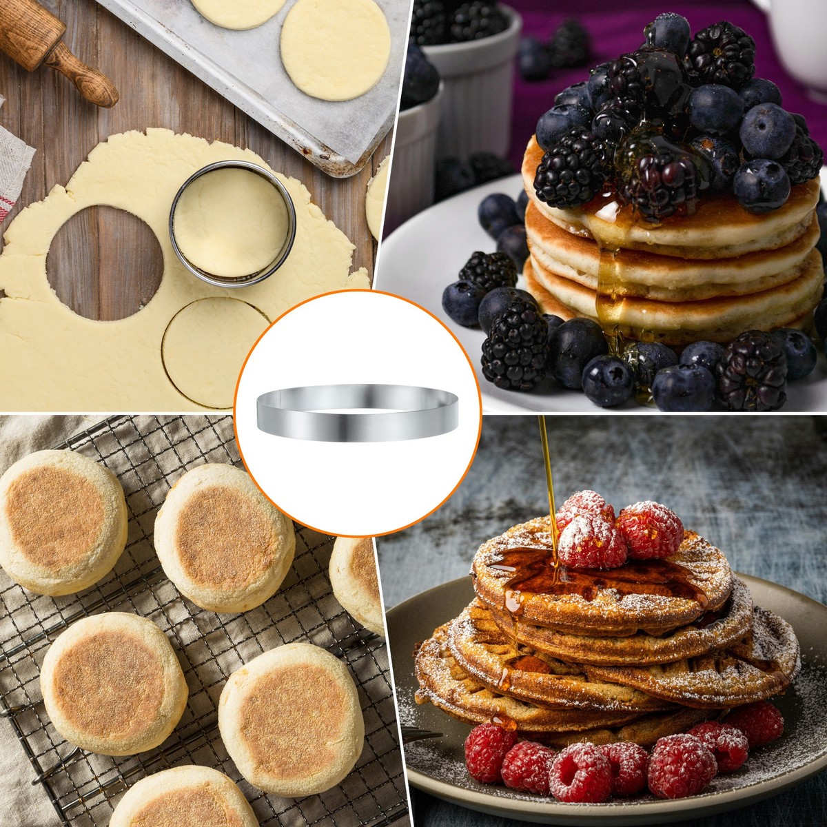 Crumpet-Ringe Aus Edelstahl – 8 Stück, Antihaftbeschichtet, 10,2 Cm & 8,5 Cm, Inkl. Backpinsel