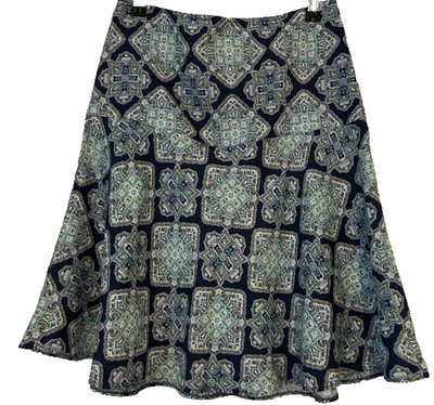 M&S Leinen Rock UK14 dunkelblau Print 100% Flachs Leinen ALine über Knie