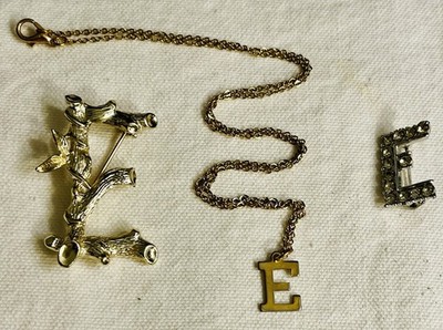 Lot of 3 Vintage Estate Letter Initial  E  Brooches Brooch & Necklace Sarah Cov