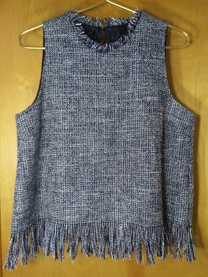 MUD PIE Top M Navy Blue Silver Metallic Fringe Tweed Sleeveless Keyhole Lined
