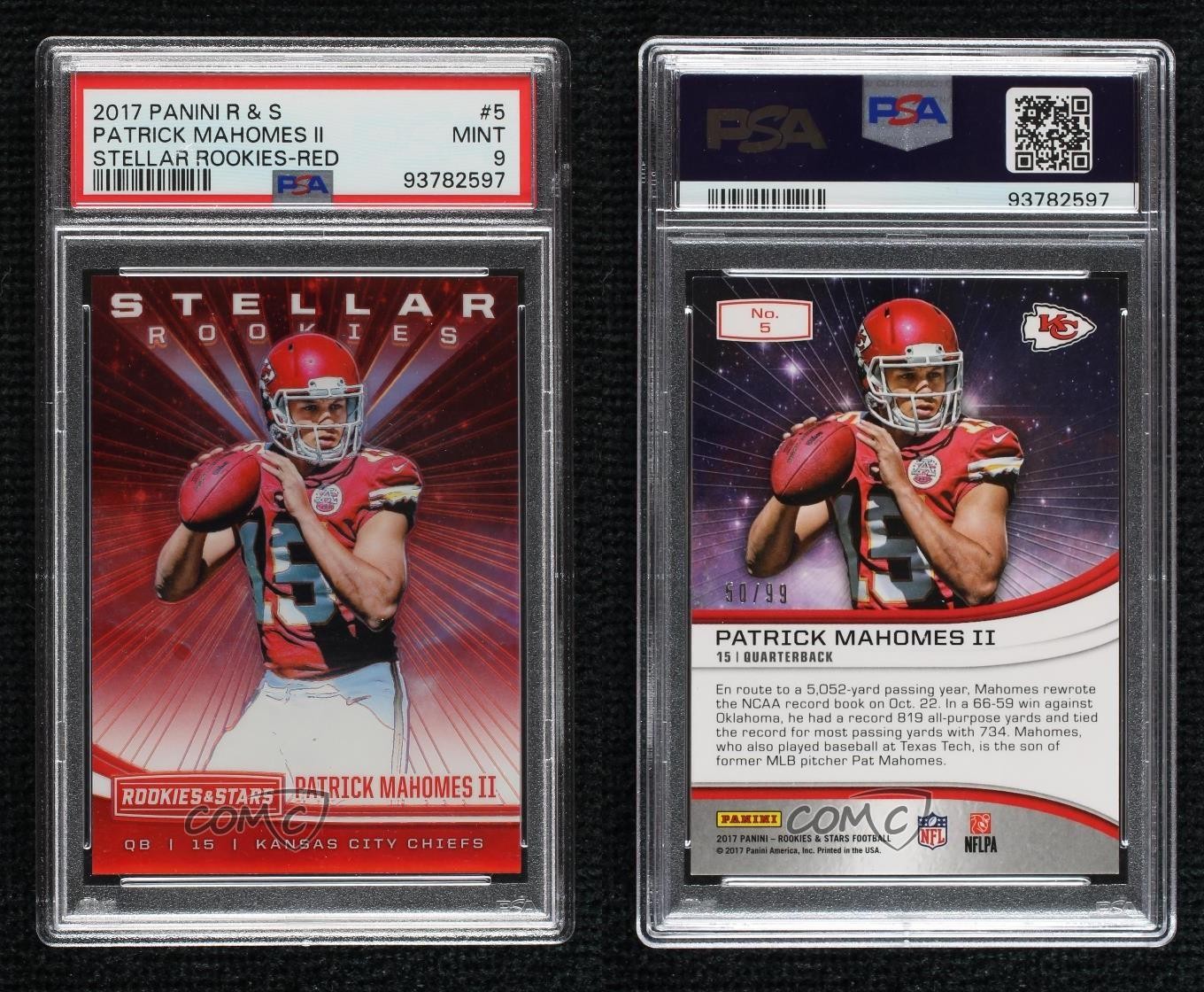2017 Panini Rookies & Stars Stellar Red 50/99 Patrick Mahomes II PSA 9 MINT RC view 3
