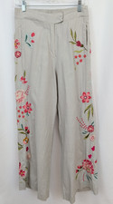 Johnny Was Joya Wide Leg Linen Pant Womens S Tan Embroidered Boho High Waist