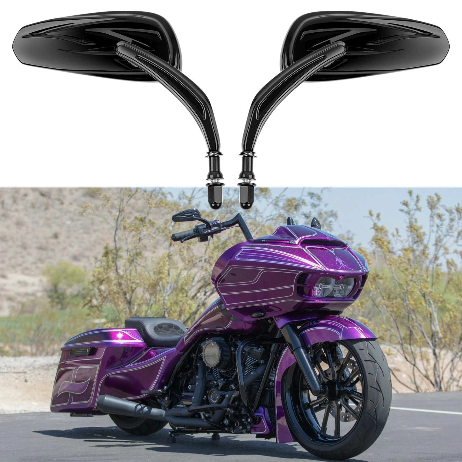 Black Motorcycle Rearview Mirrors For Harley Street Road Glide Custom Bagger