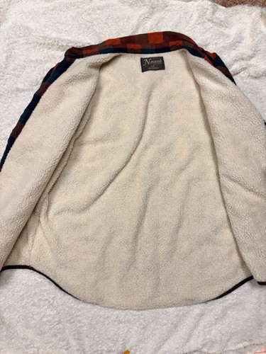 Natural Reflections Orange & Blue Plaid Sherpa-Lined Flannel Jacket Shacket L - Picture 2 of 4