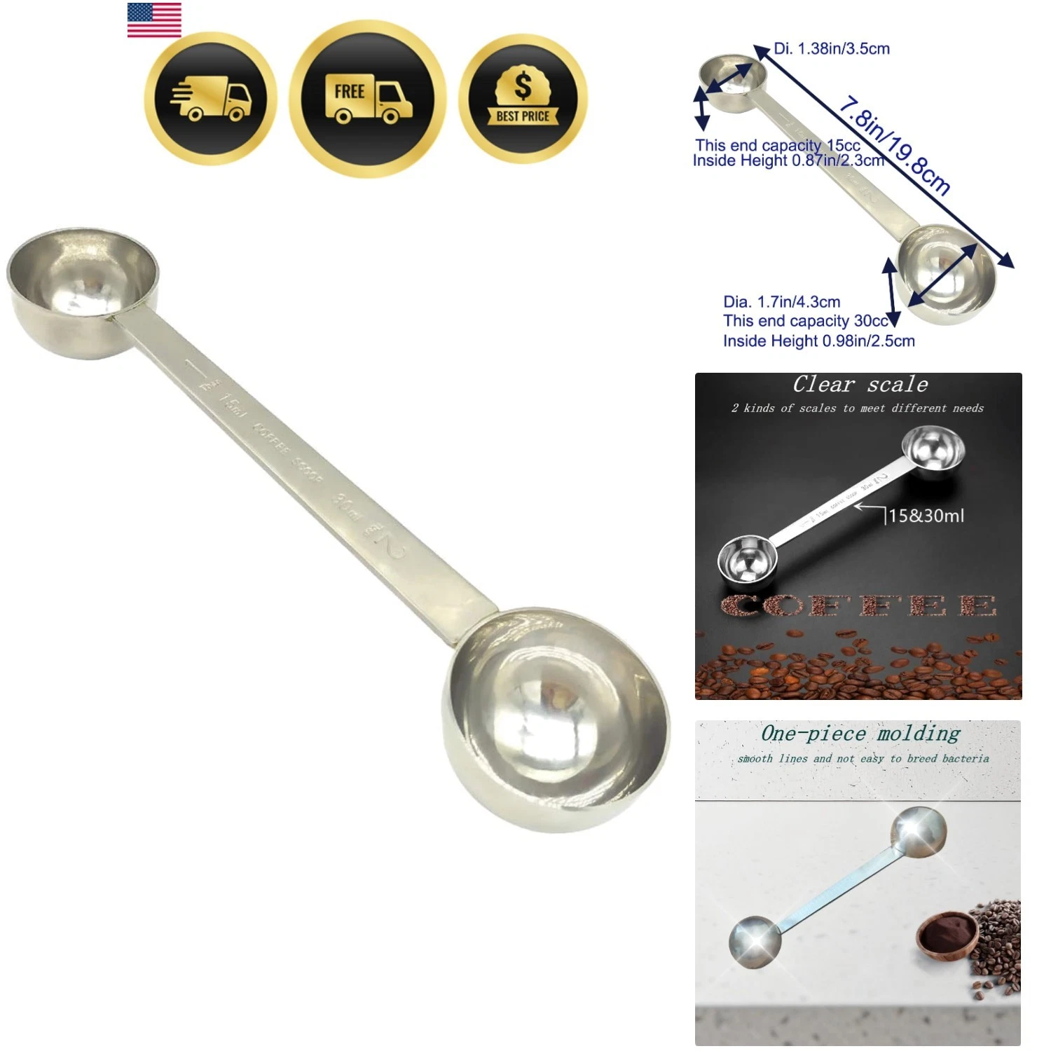 Stainless Steel Coffee Scoop: Dual-Measure 1 Tbsp & 2 Tbsp Long Handle Tables...
