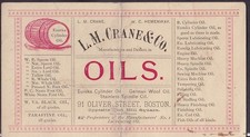 L M Crane Oils trade card Boston Eureka Cylinder Spindle Sperm Whale &c 1890s