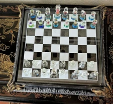 Crystal Cut Glass Chess Set 3" King 17" Dragon Custom Fit Storage Board Rare HTF